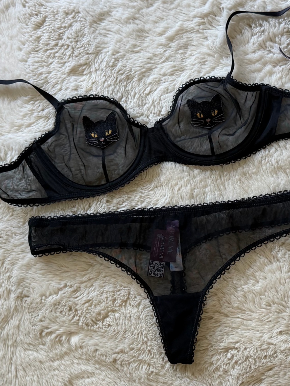 Sheer Black Cat-Embroidered Underwire Bra & Bikini Set.